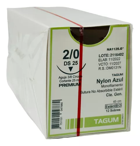 [NA1125.G*] Sutura monofilamento de nylon azul, calibre 2-0, longitud 45 cm, aguja 3/8 círculo cortante C/12