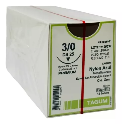 [NA1025.G*] Sutura monofilamento de nylon azul, calibre 3-0, longitud 45 cm, aguja 3/8 círculo cortante. C/12