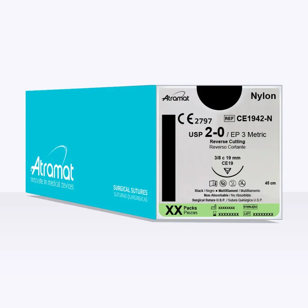 [CE1942-75N] Sutura monofilamento de nylon, calibre 2-0, longitud 75 cm, aguja 3/8 círculo cortante C/12