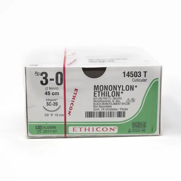 [14503T] Mononylon Ethilon sutura calibre 3-0, longitud 45 cm, aguja SC-20 C/12