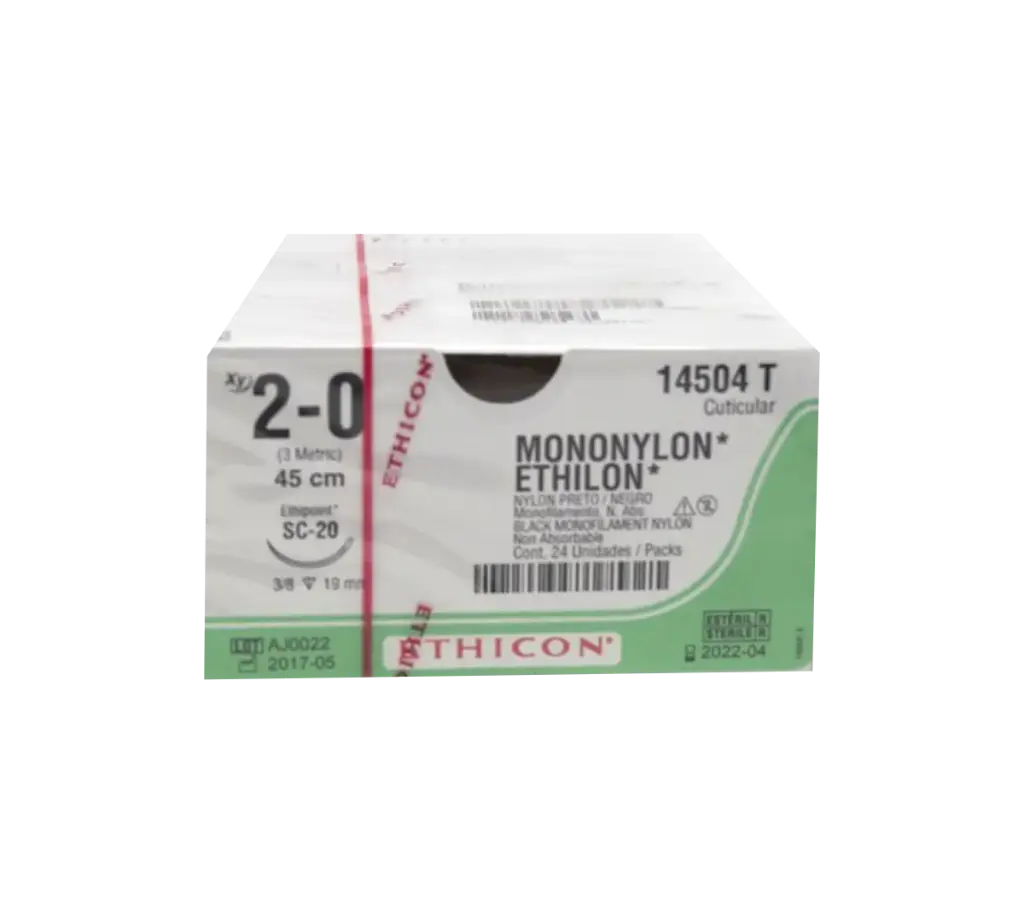 [14504T] Mononylon Ethilon sutura calibre 2-0, longitud 45 cm, aguja SC-20 C/12