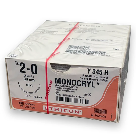 [Y345H] Monocryl sutura calibre 2-0, longitud 70 cm, aguja CT-1 ahusada C/12
