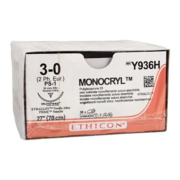[Y936H] Monocryl sutura calibre 3-0, longitud 70 cm, aguja PS-1 ahusada C/12