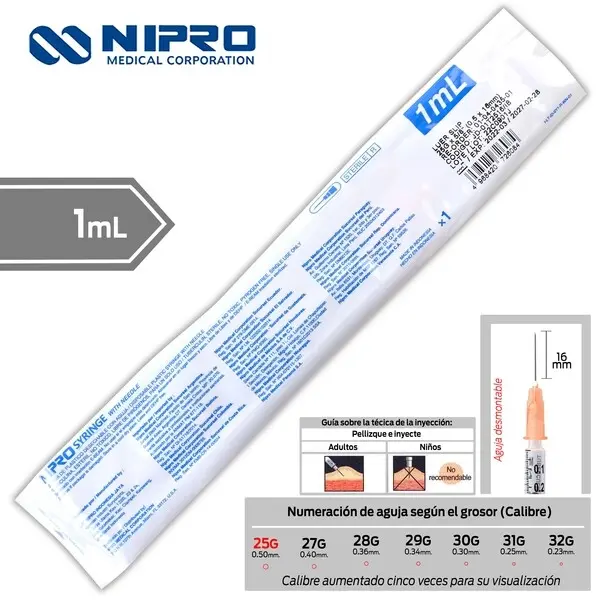 [JD-01T2516] Jeringa 1ml c/aguja 25Gx16mm (normal, amarillo) C/1 (JERINGA 1mL. (Nipro) Tuberculina c/AGUJA DESMONTABLE 25Gx16mm. c/1 Pza.