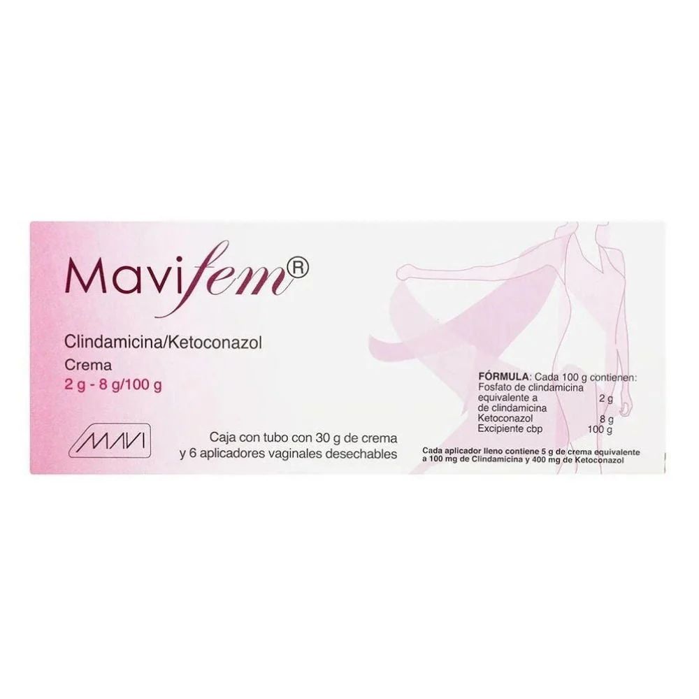 [150M2018] Mavifem Crema 50mg-1g-0.1g/100g (Clindamicina/Ketoconazol) 30g2-8 G/100 G. y 6 Aplics. Genérico:  100 + 400mg. (Crema Vaginal)