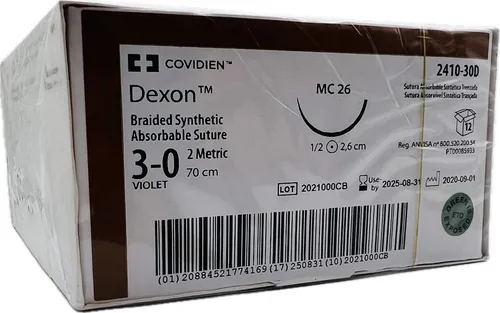 [2410-30D] Dexon sutura calibre 3-0 (ácido poligl, longitud 70 cm, aguja MC 26 ahusada C/12 (copia)