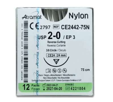 [CE2442-N] Sutura monofilamento de nylon, calibre 2-0, longitud 45 cm, aguja 3/8 círculo cortante C/12