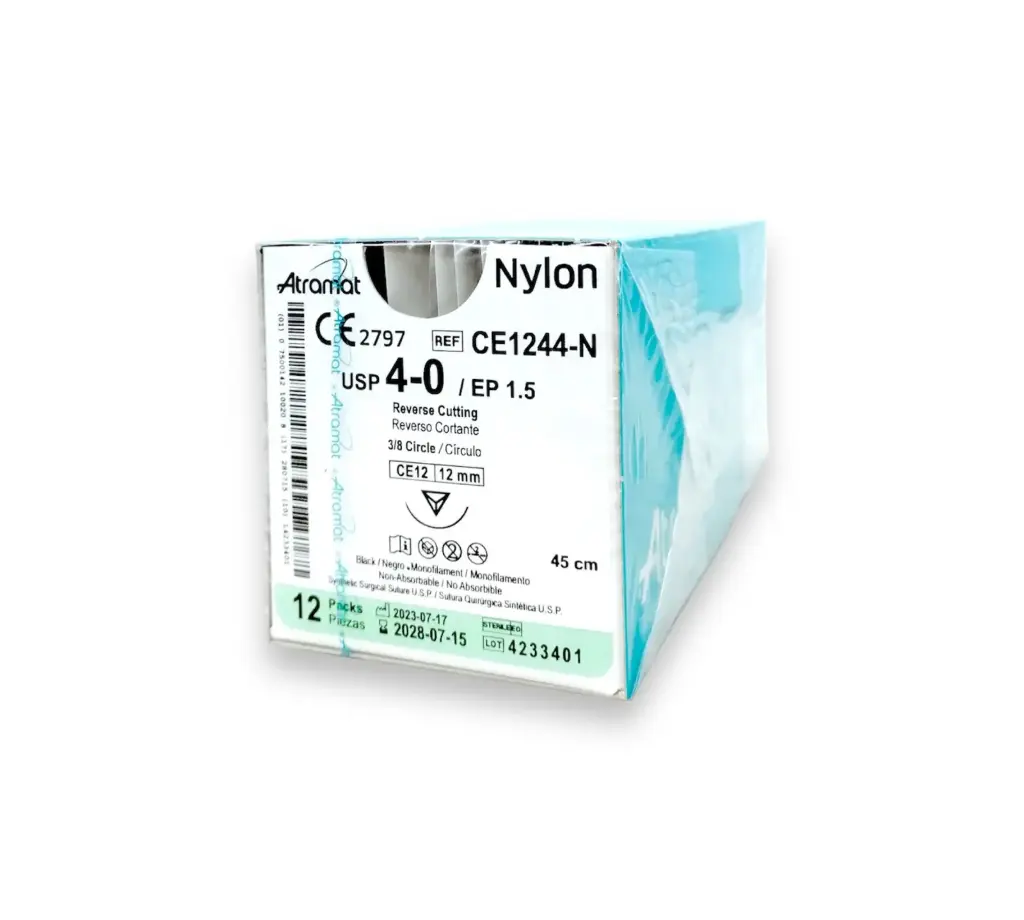 [CE1244-N] Sutura monofilamento de nylon, calibre 4-0, longitud 45 cm, aguja 3/8 círculo cortante C/12