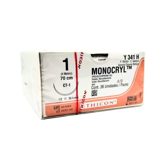 Monocryl sutura calibre 1-0, longitud 70 cm, aguja CT-1 ahusada C/12